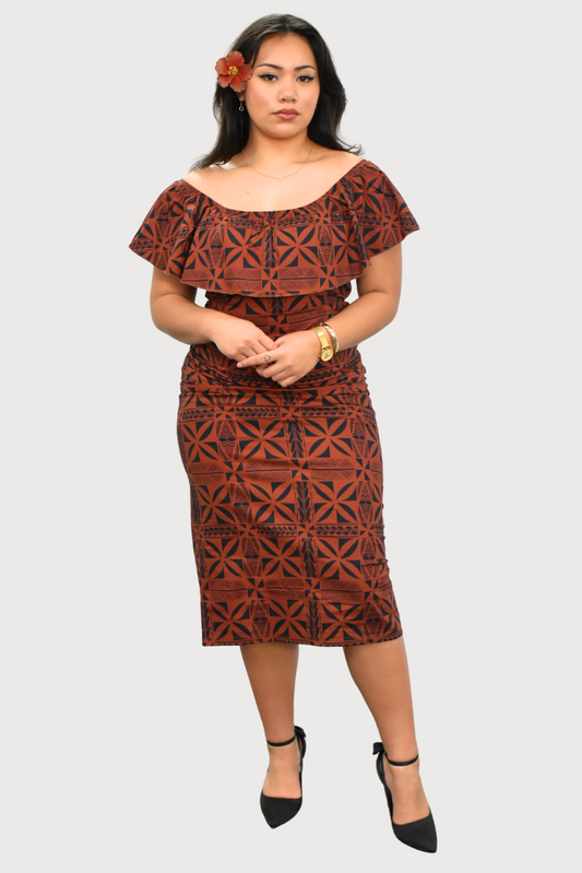 LANI - OFF SHOULDER FRILL MIDI DRESS - BROWN & BLACK