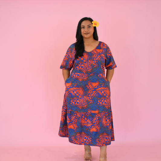 ANNA DRESS - V NECK MIDI LENGTH DRESS - BLUE & RED