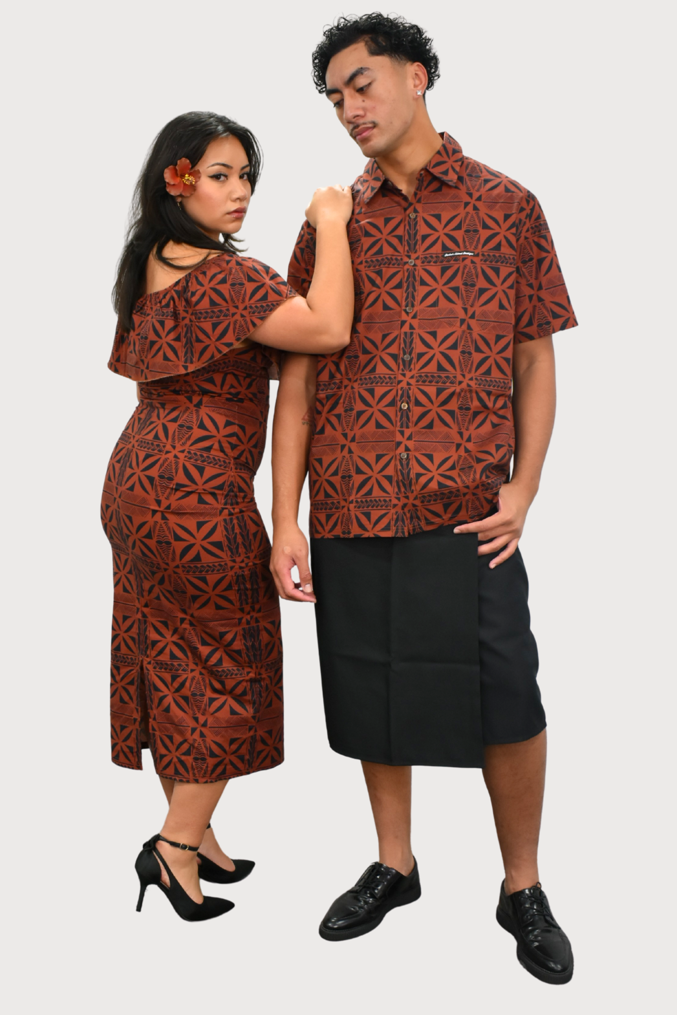 LANI - OFF SHOULDER FRILL MIDI DRESS - BROWN & BLACK