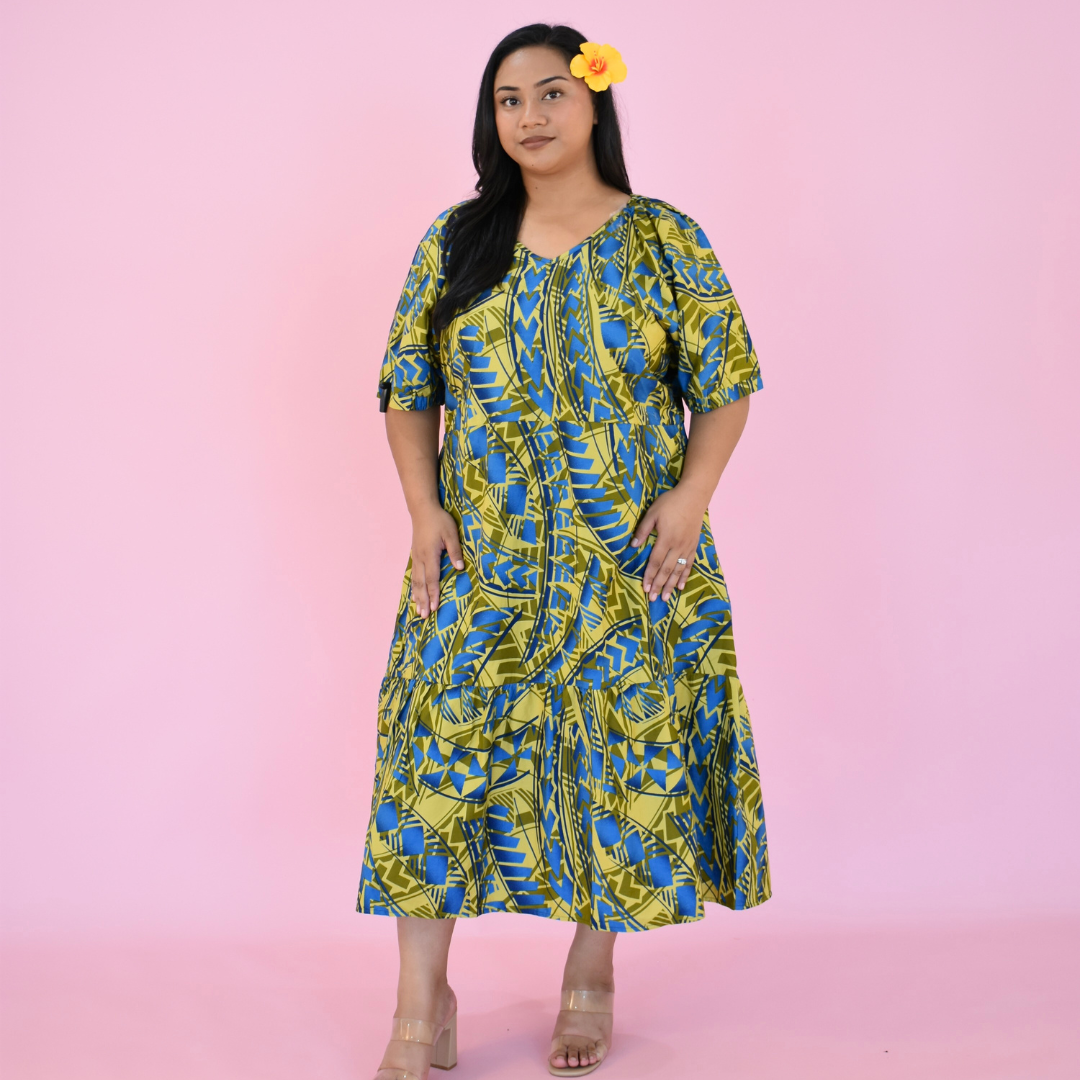 ANNA DRESS - V NECK MIDI LENGTH DRESS - BLUE & YELLOW
