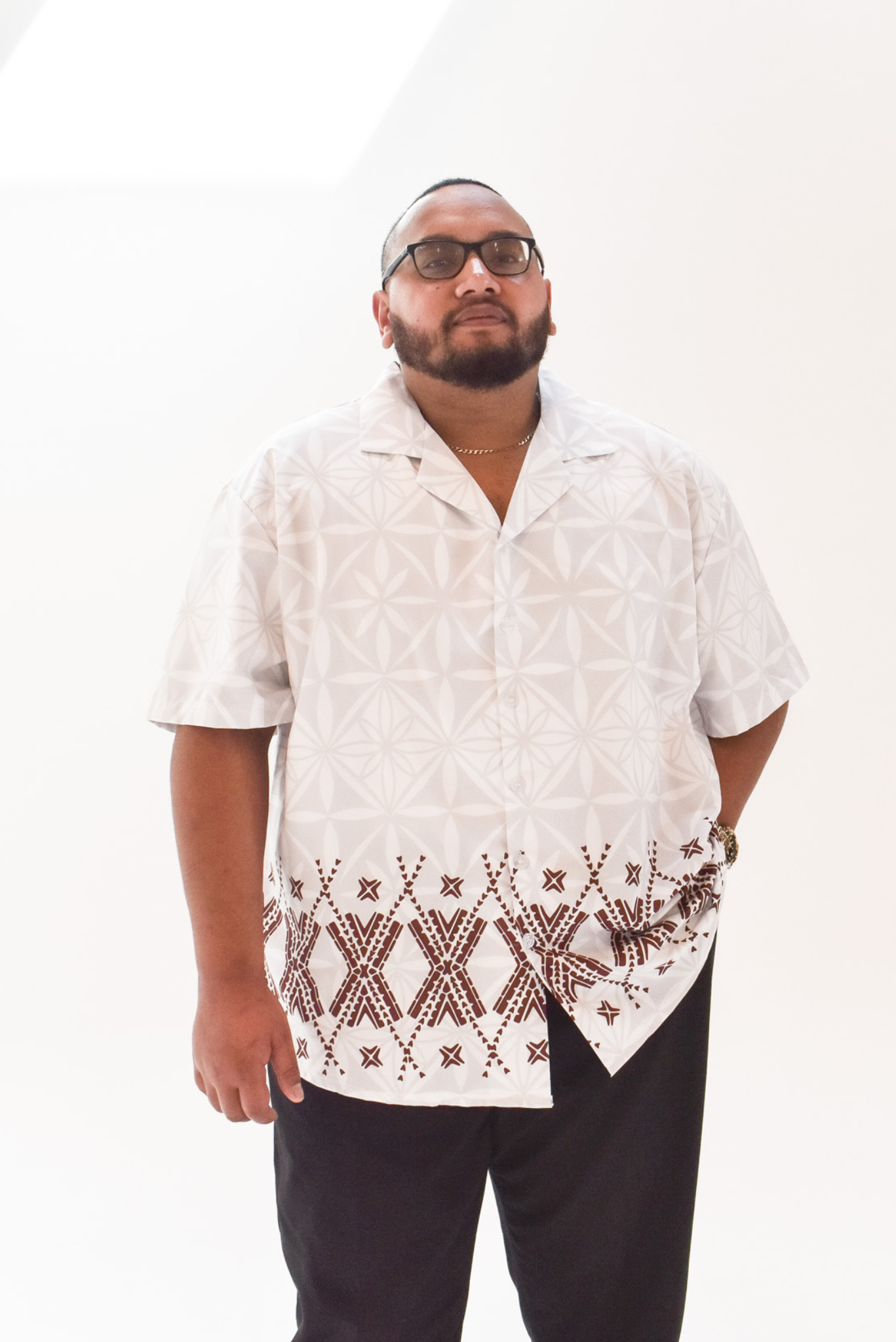 MANUIA SHIRT - COLLARED BUTTON UP SHIRT - WHITE MELANESIAN PATTERN
