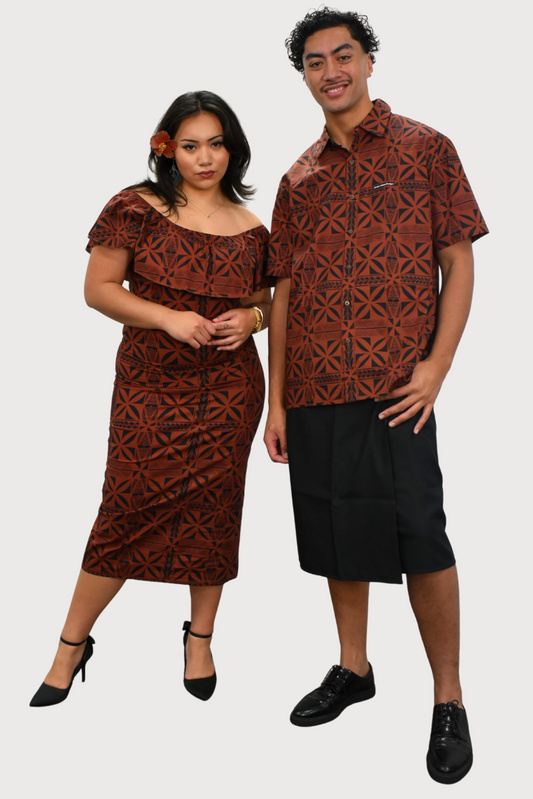 LANI - OFF SHOULDER FRILL MIDI DRESS - BROWN & BLACK