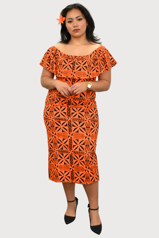 LANI - OFF SHOULDER FRILL MIDI DRESS - ORANGE & BLACK