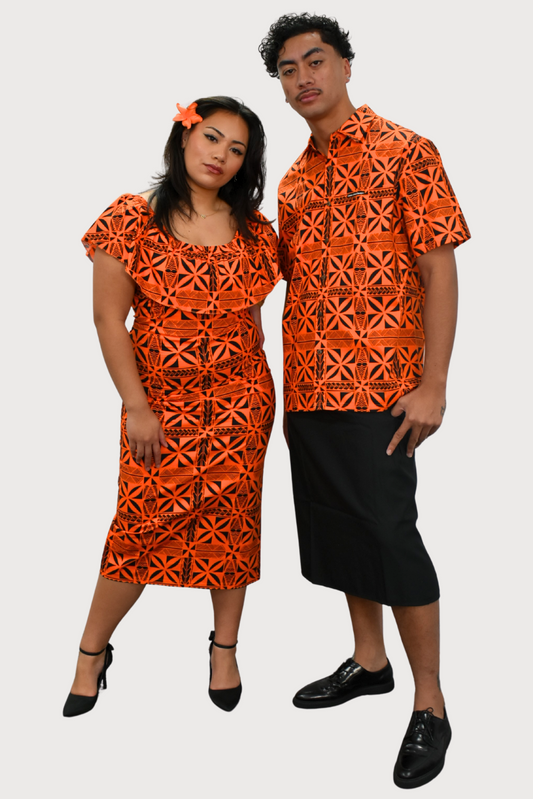 LANI - OFF SHOULDER FRILL MIDI DRESS - ORANGE & BLACK