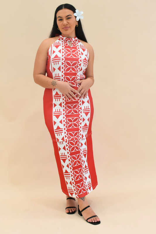 (PRE-ORDER) ELEI PULETASI  - HALTER NECK PULETASI - TWO PIECE OUTFIT - MAROON & WHITE