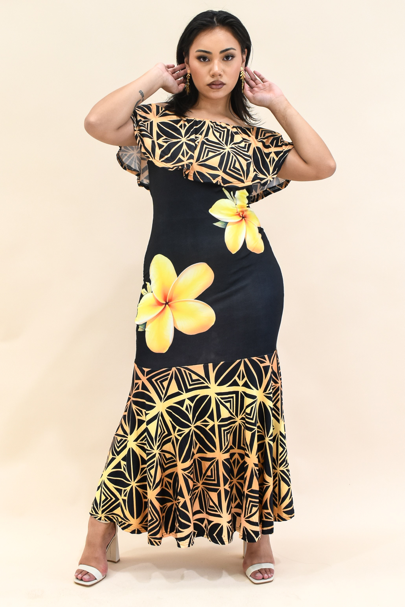 (PRE-ORDER) GOLD TIARE - FRILL RUCHED MERMAID DRESS - GOLD & BLACK