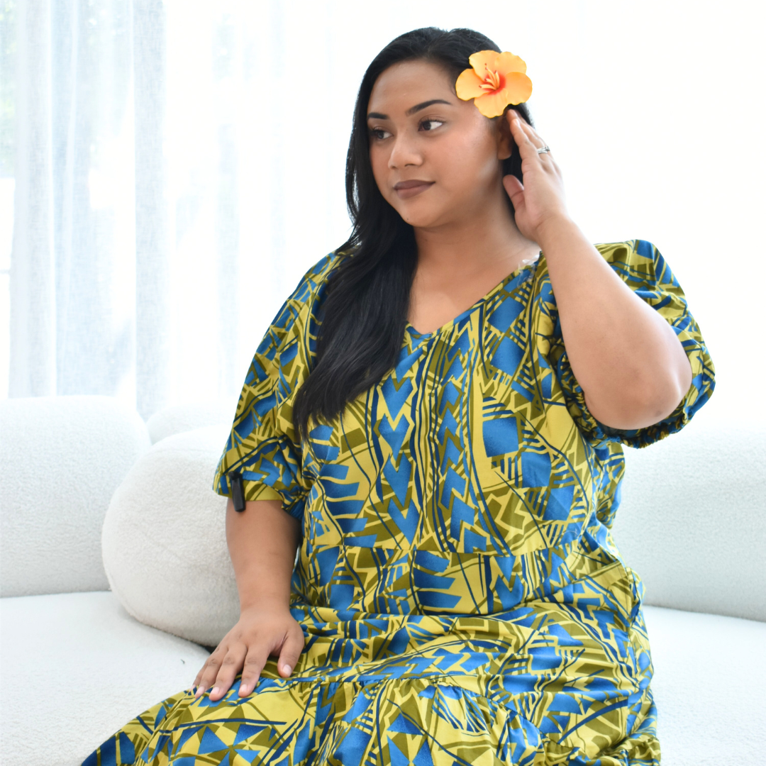 ANNA DRESS - V NECK MIDI LENGTH DRESS - BLUE & YELLOW