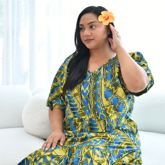 ANNA DRESS - V NECK MIDI LENGTH DRESS - BLUE & YELLOW