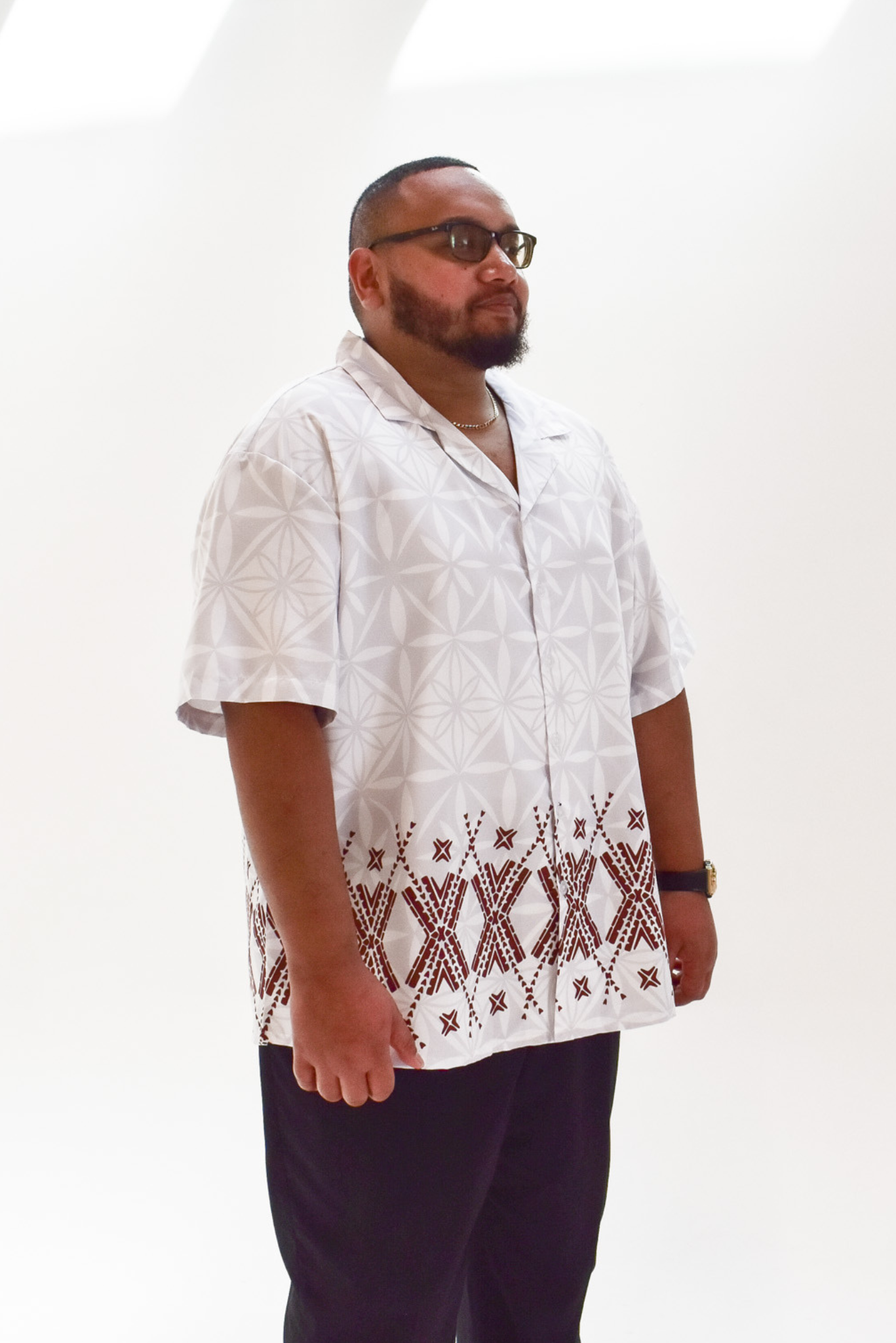 MANUIA SHIRT - COLLARED BUTTON UP SHIRT - WHITE MELANESIAN PATTERN