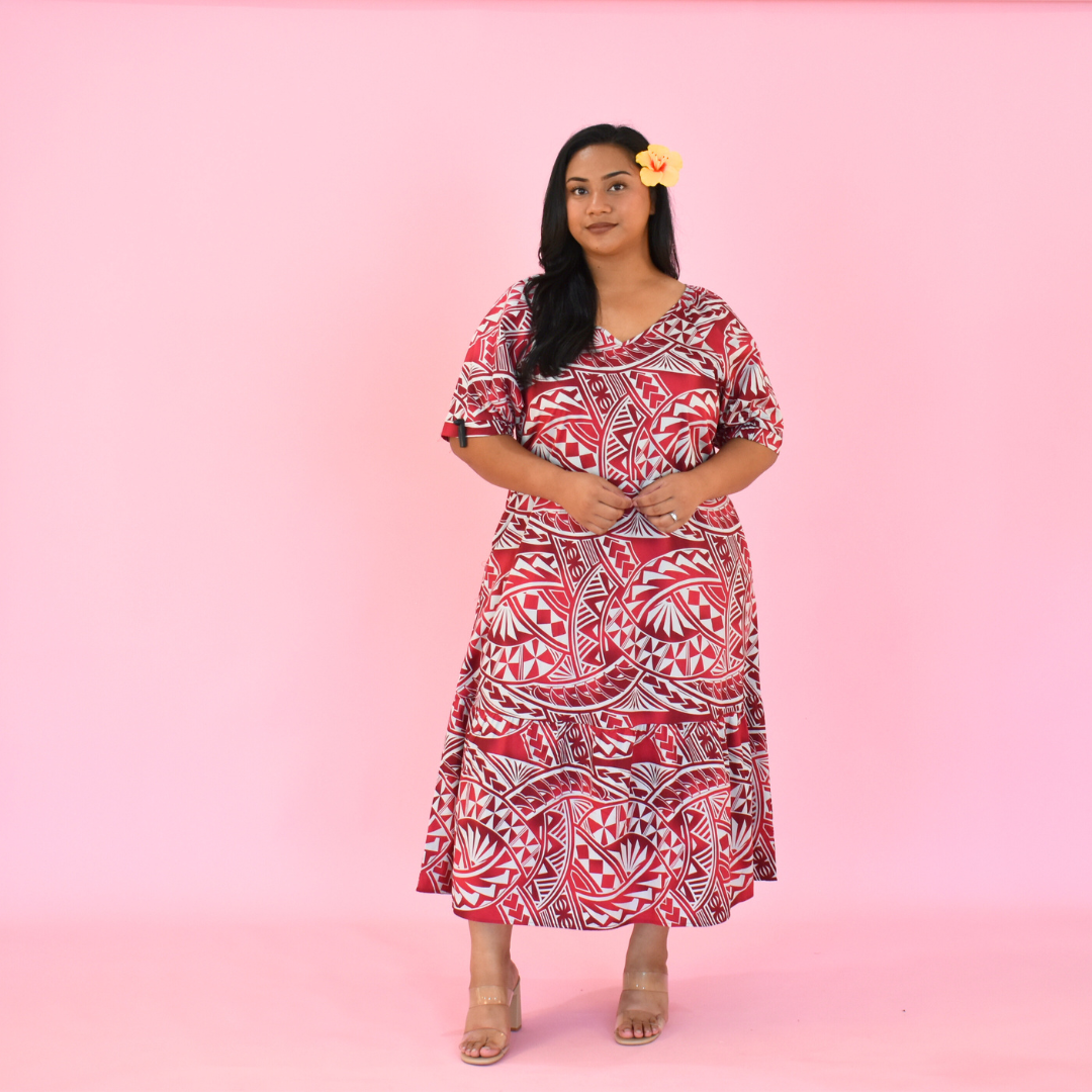 ANNA DRESS - V NECK MIDI LENGTH DRESS - RED & WHITE
