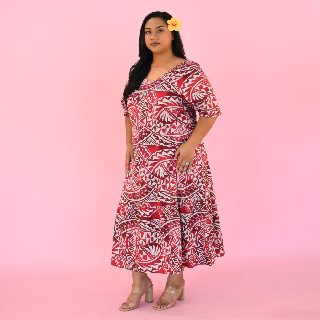 ANNA DRESS - V NECK MIDI LENGTH DRESS - RED & WHITE