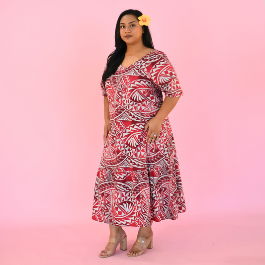 ANNA DRESS - V NECK MIDI LENGTH DRESS - RED & WHITE
