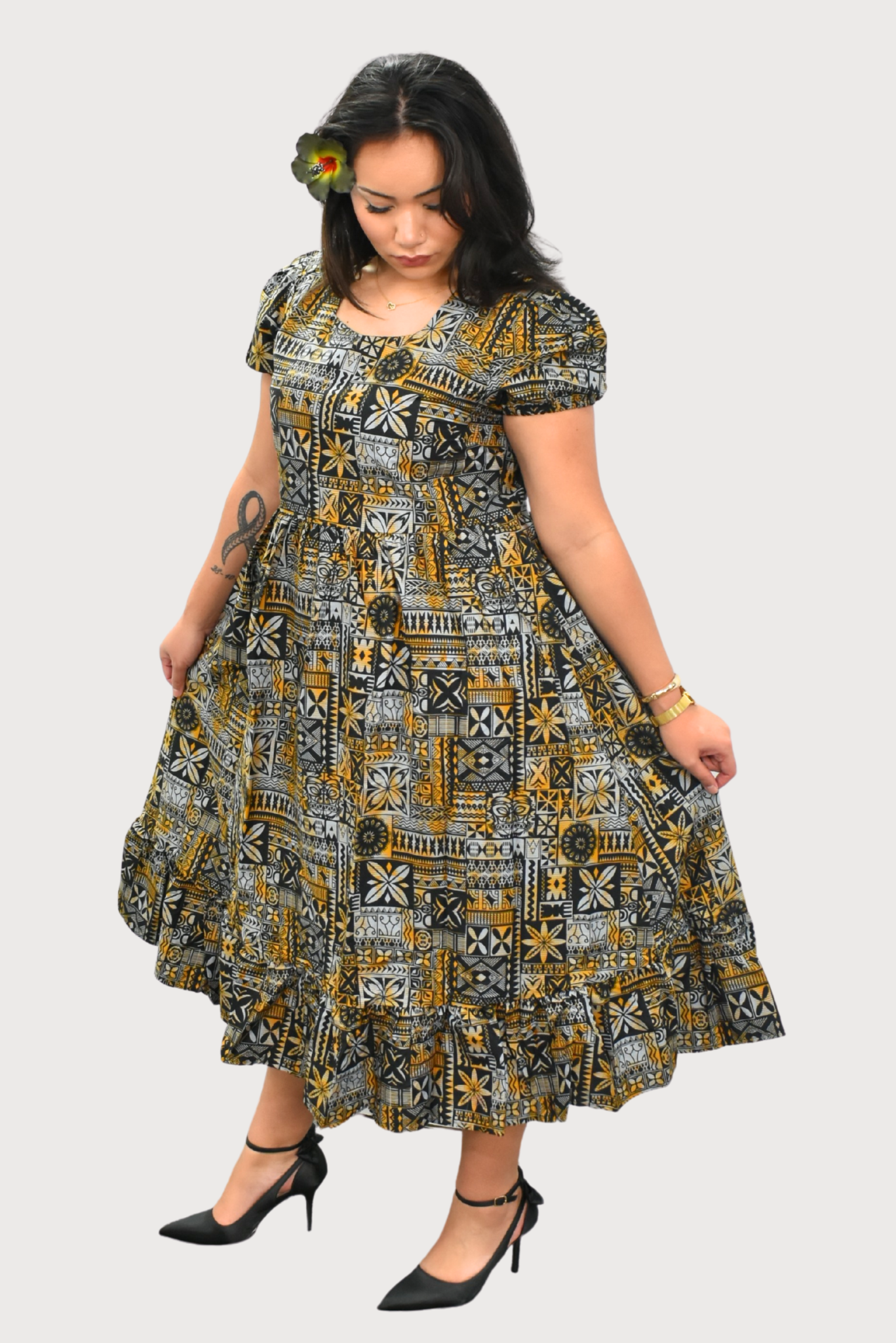 MARIAH DRESS - HIGH WAIST DRESS - GOLD, GREY & BLACK