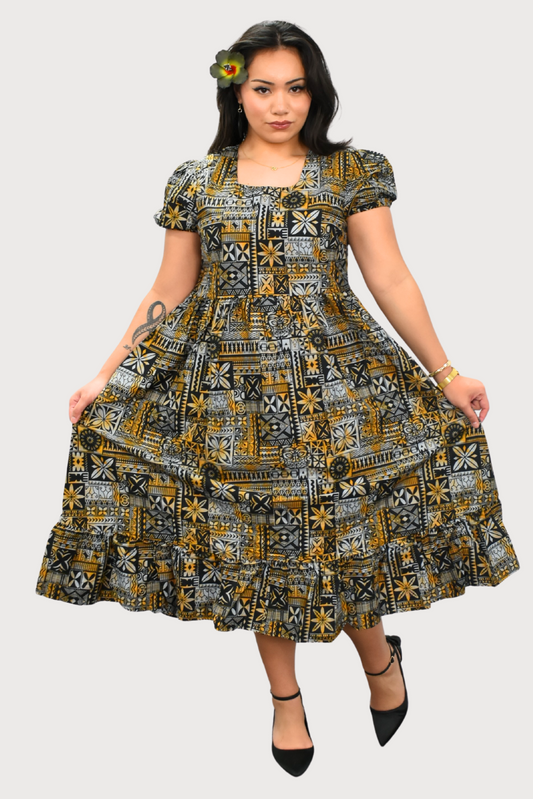 MARIAH DRESS - HIGH WAIST DRESS - GOLD, GREY & BLACK