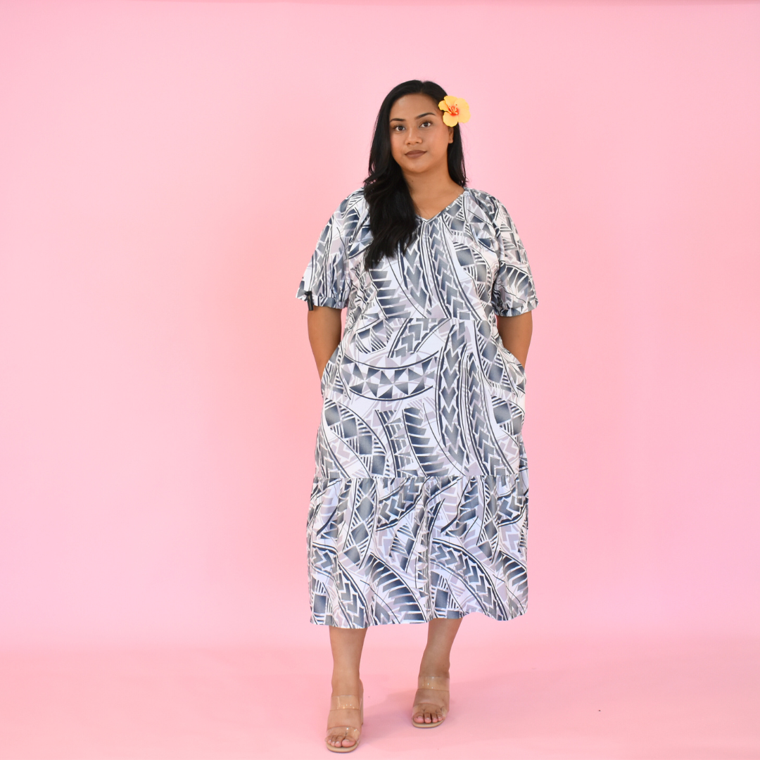 ANNA DRESS - V NECK MIDI LENGTH DRESS - WHITE & GREY