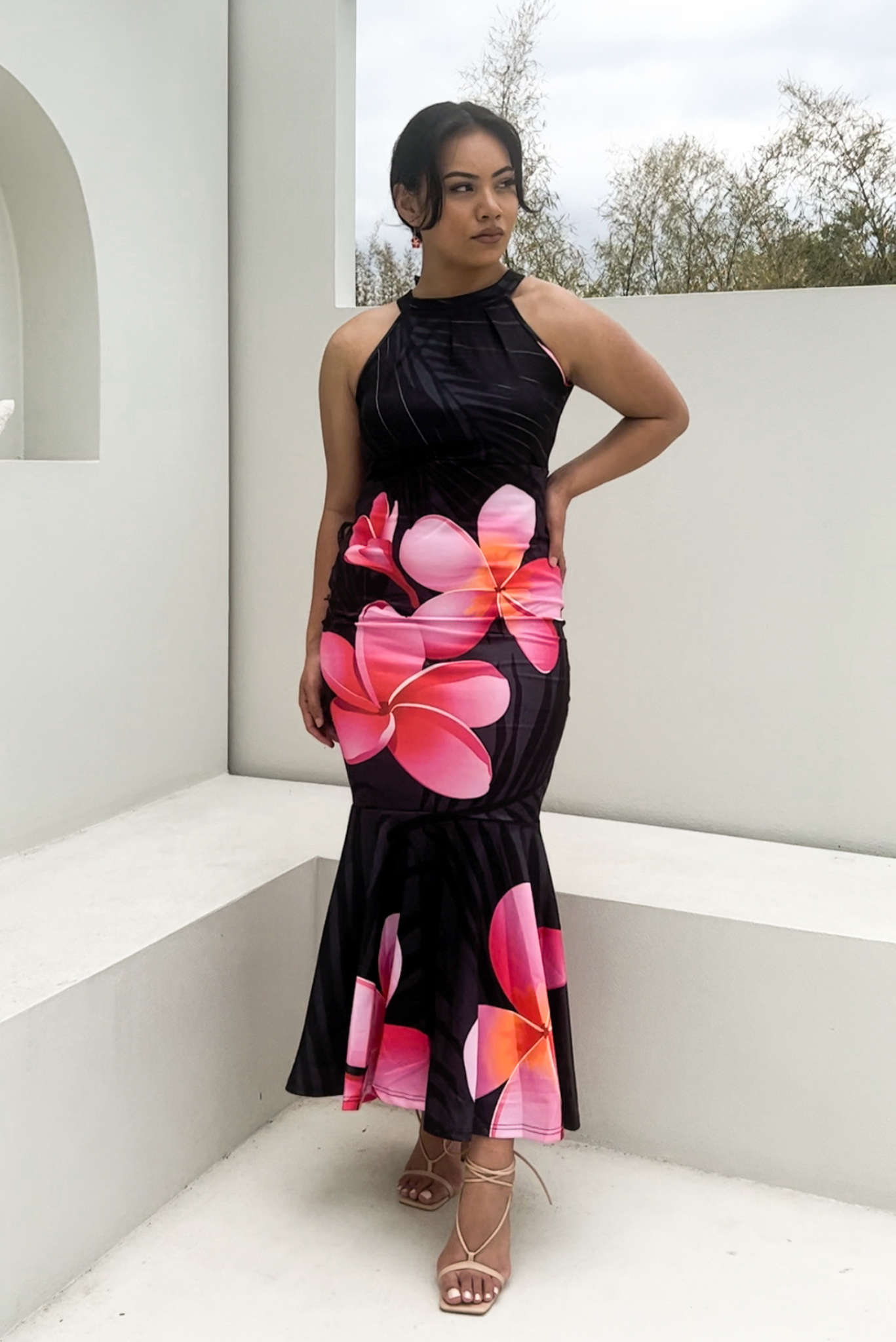 FLORA DRESS - HALTER MAXI LENGTH DRESS - PINK & BLACK