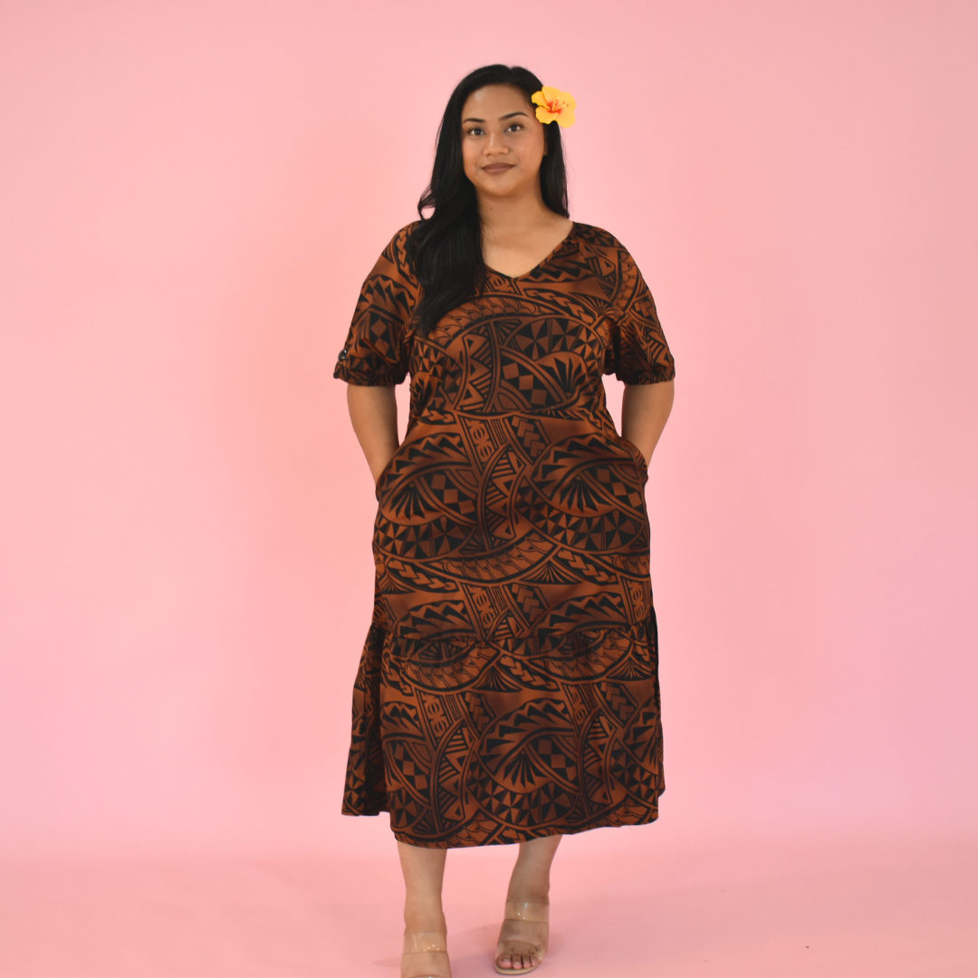 ANNA DRESS - V NECK MIDI LENGTH DRESS - BROWN