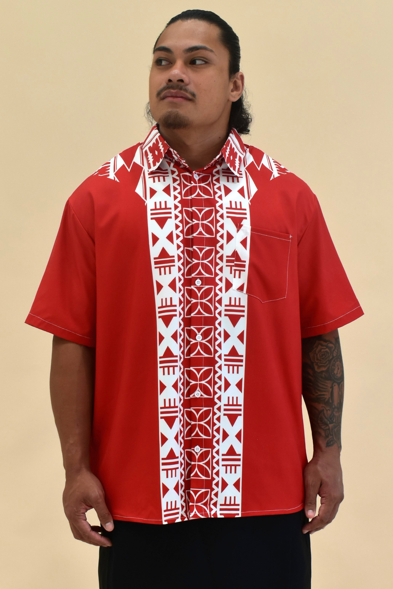 (PRE-ORDER) COLLARED BUTTON UP SHIRT - MAROON & WHITE MELANESIAN PATTERN