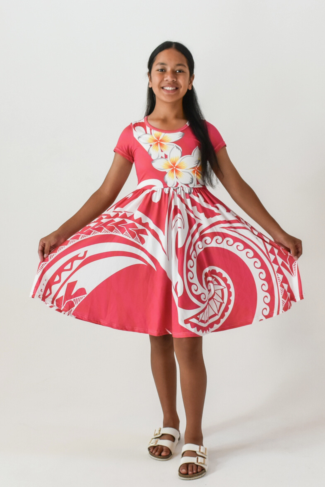 DAVINA GIRLS DRESS - A-LINE MIDI FLOWY DRESS - PINK & WHITE