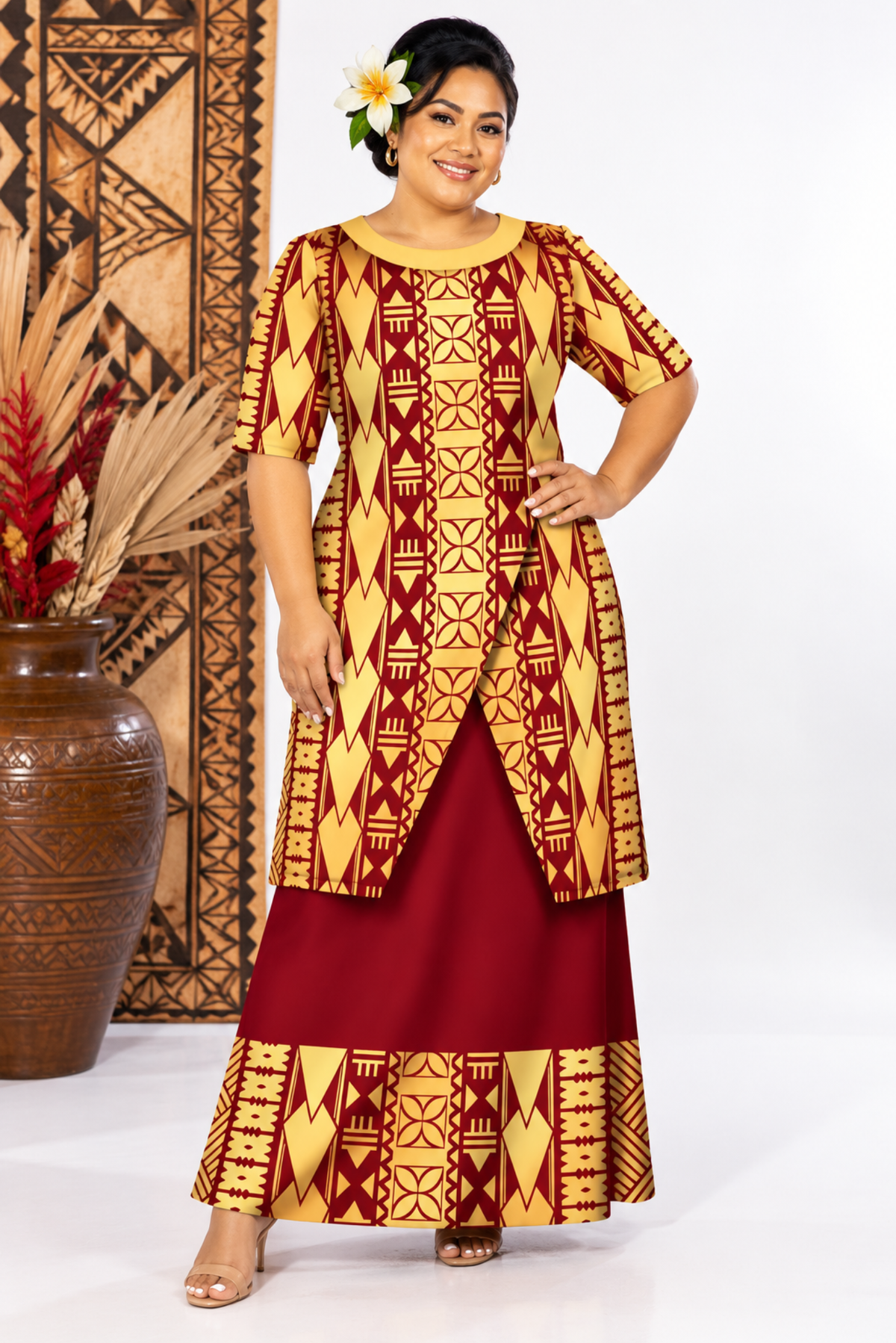 (PRE-ORDER) ROUND NECK LAYERED PULETASI - TWO PIECE OUTFIT - GOLD & MAROON