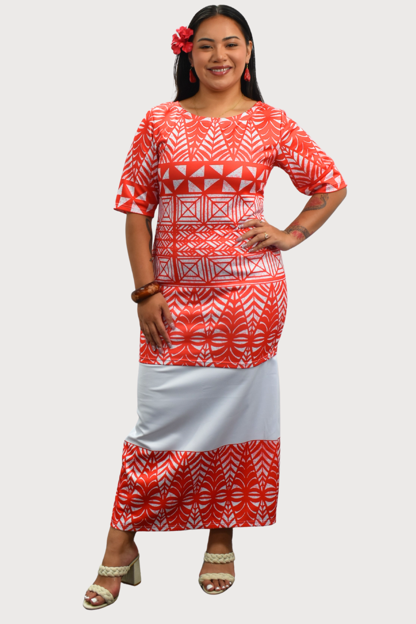 TALIA PULETASI - ROUND NECK PULETASI - TWO PIECE OUTFIT - RED & WHITE