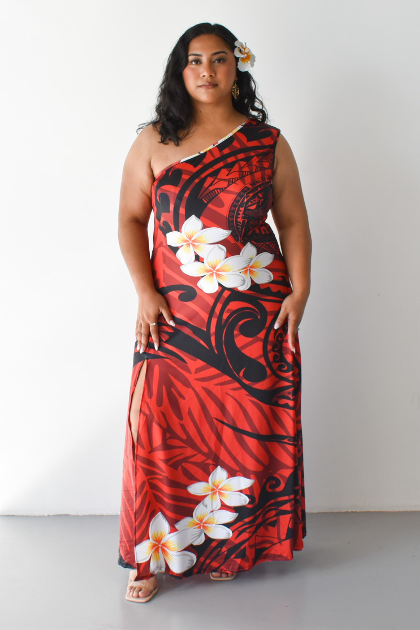 DAVINA DRESS - ONE SHOULDER MAXI DRESS - RED & BLACK PATTERN