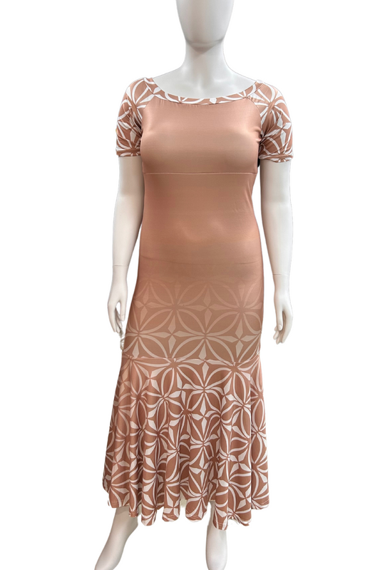 ROUND NECK FRILL MAXI DRESS - BROWN & WHITE - SIZE L