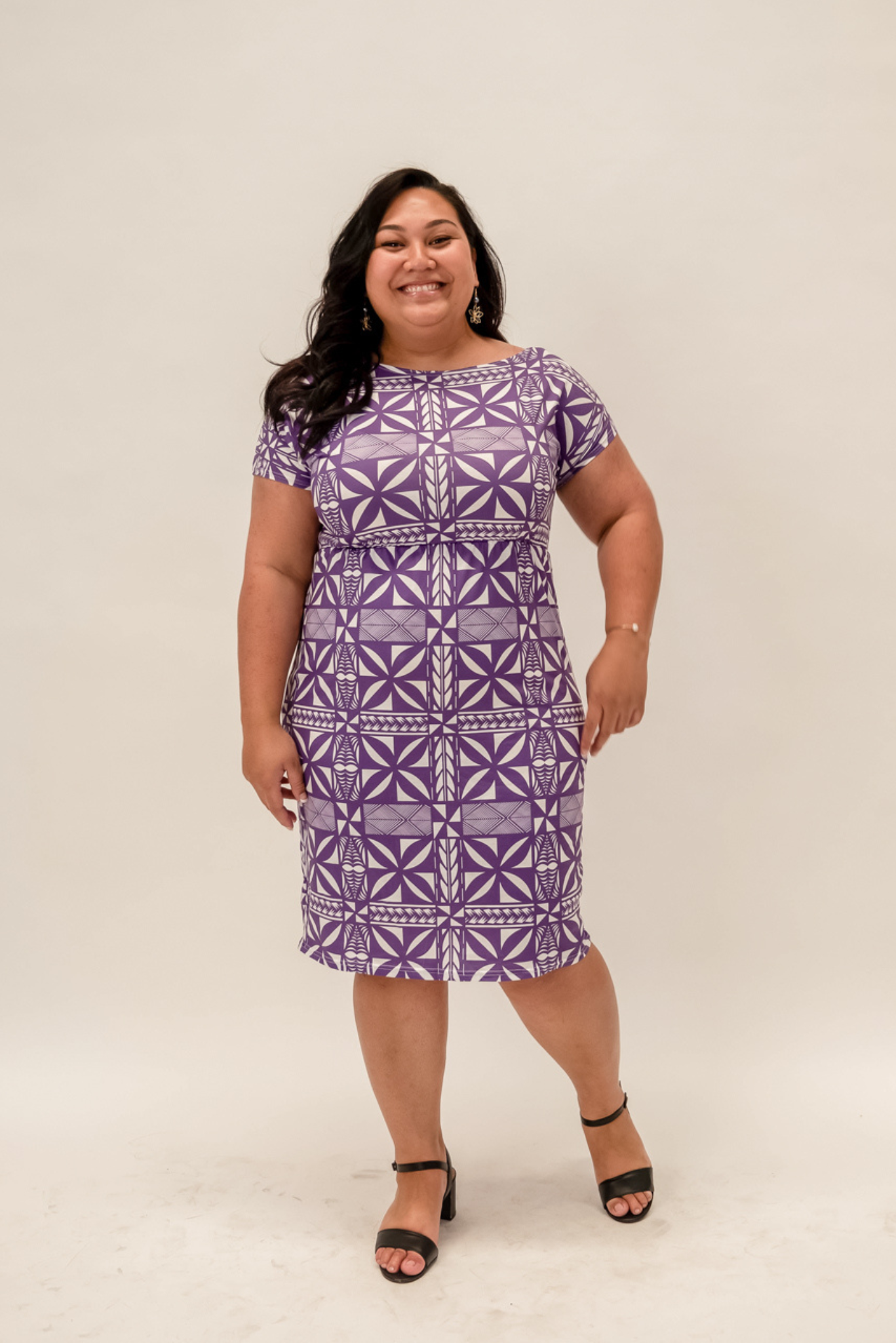 FETIA DRESS - BOAT NECK WAISTLINE DRESS - PURPLE AND WHITE