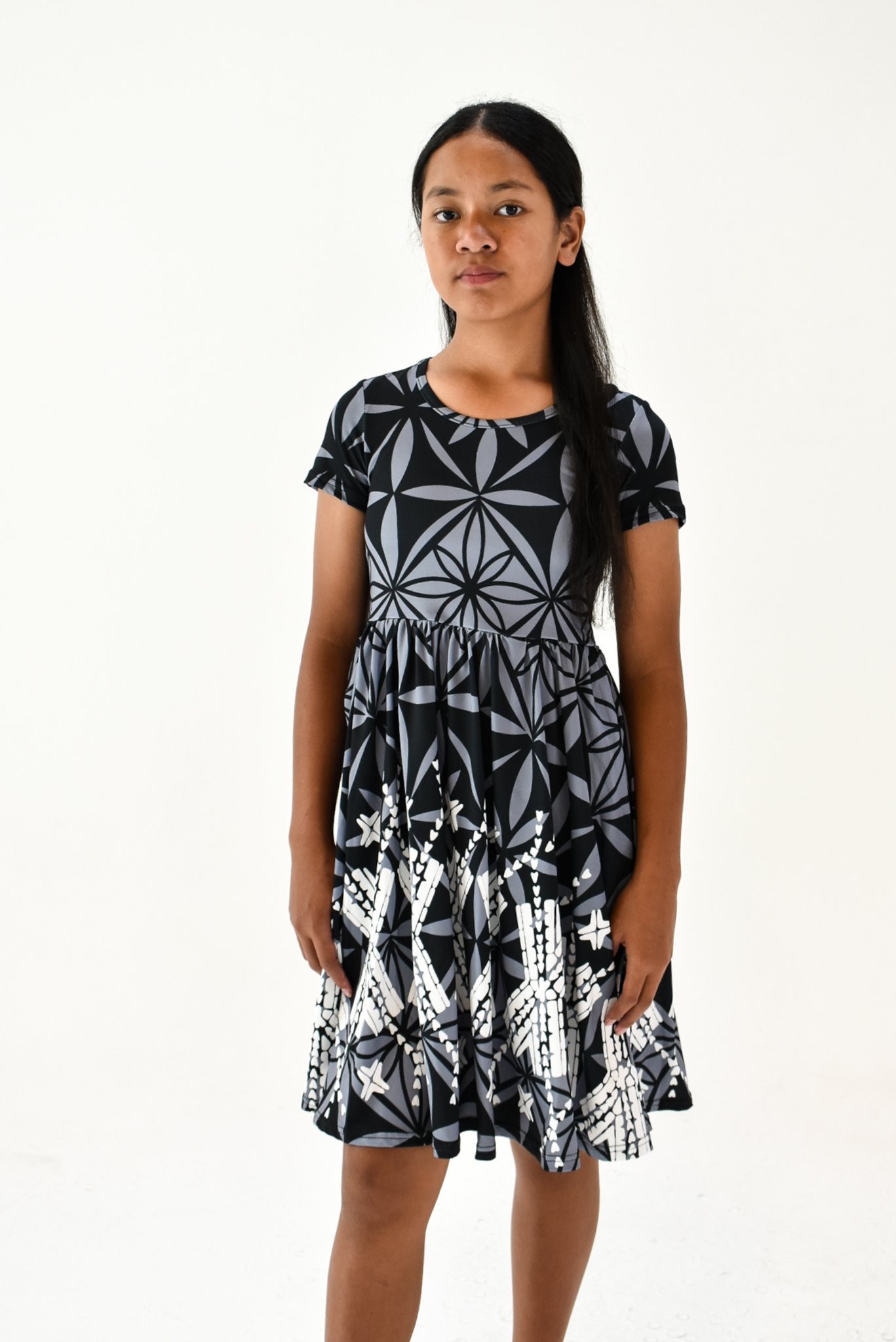 MONA GIRLS DRESS - ALINE FLOWY DRESS - BLACK & GREY