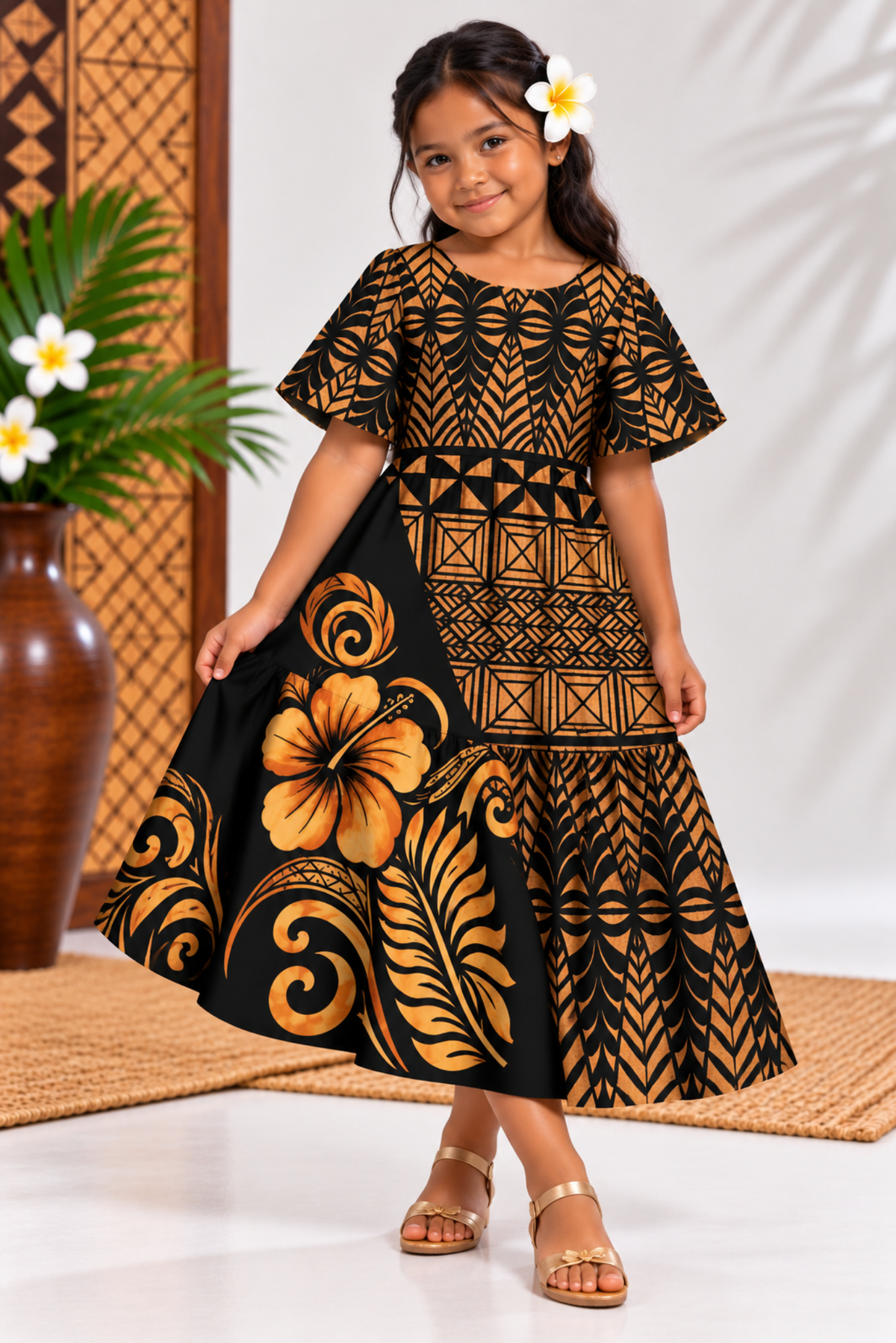(PRE-ORDER) GIRLS DRESS - FLOWY DRESS - BEIGE & BLACK
