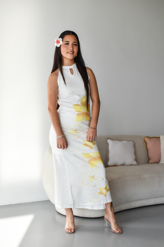 (PRE-ORDER) GOLD TIARE - HALTER NECK PULETASI - TWO PIECE OUTFIT - GOLD & WHITE