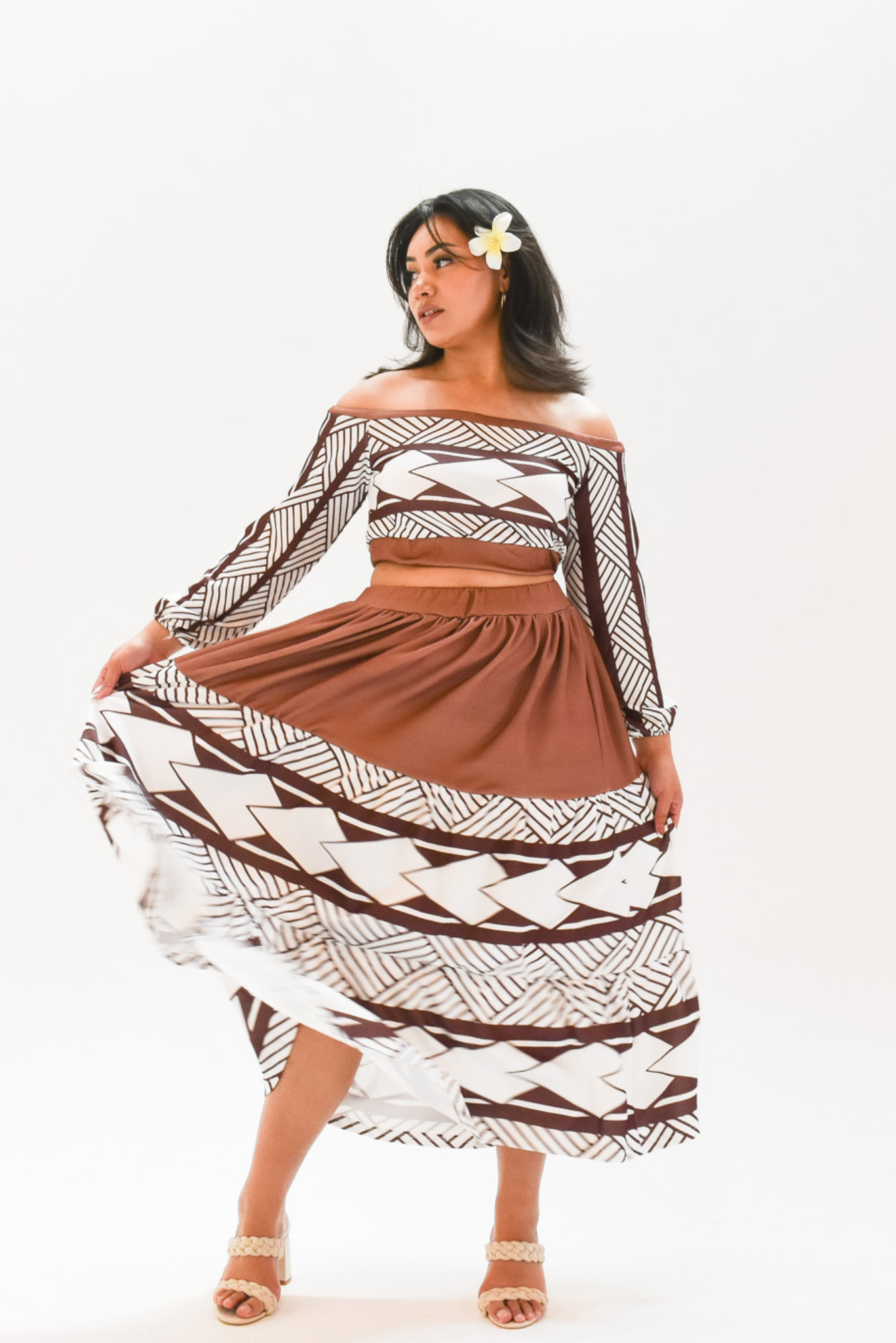 MIA DRESS - CROP TOP LONG SLEEVE DRESS - BROWN & WHITE