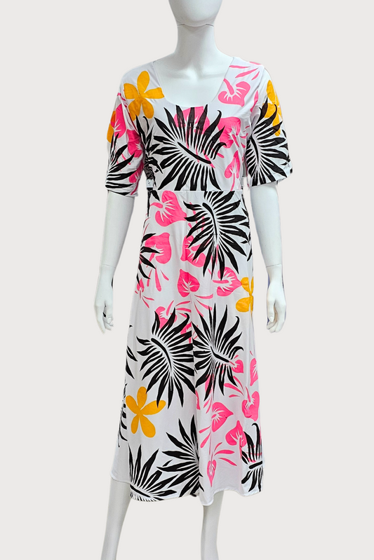WHITE, BLACK & PINK FLORAL HIGHWAIST DRESS