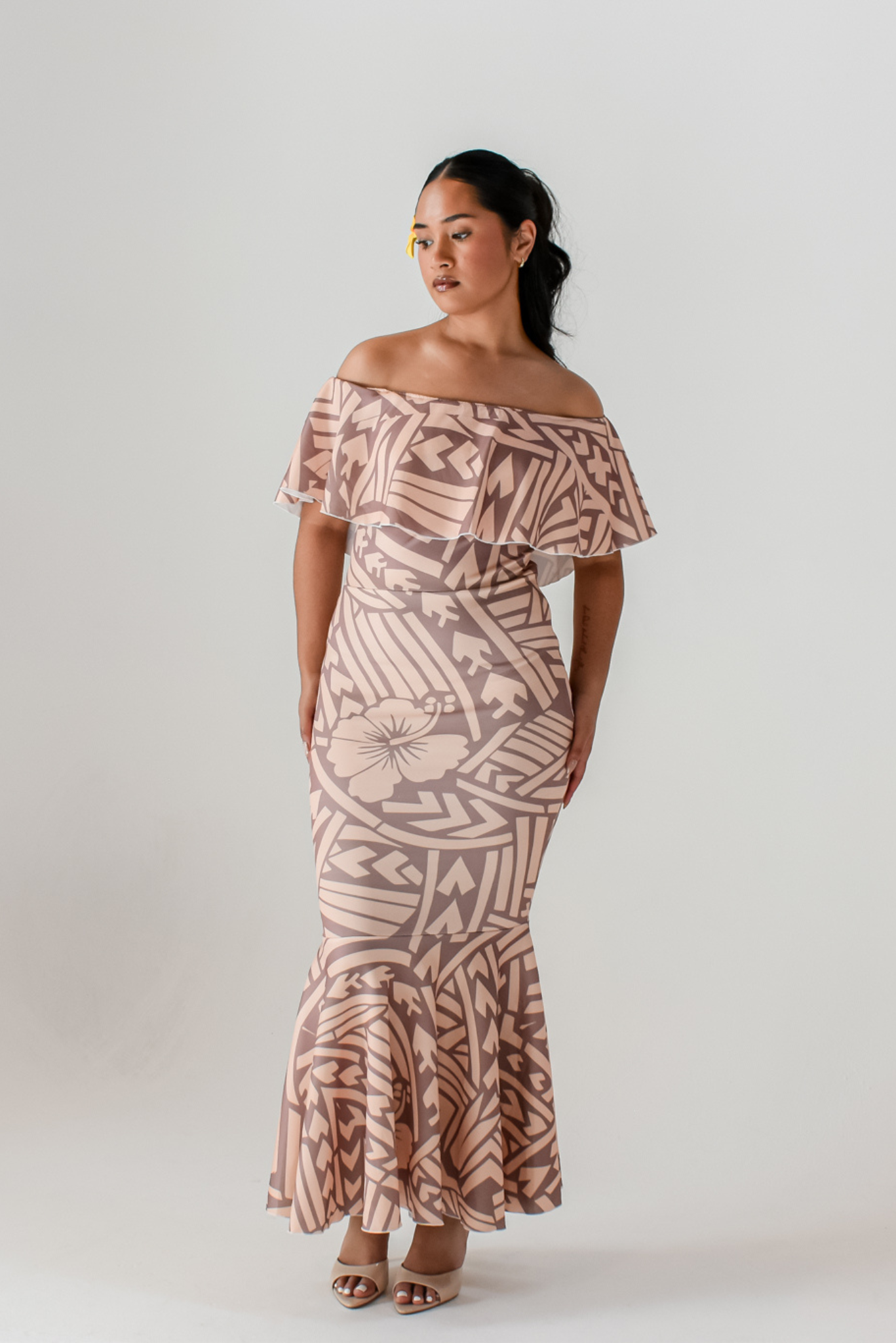 (PRE-ORDER) LALOLANI DRESS - OFF SHOULDER FRILL MAXI - TAN BROWN