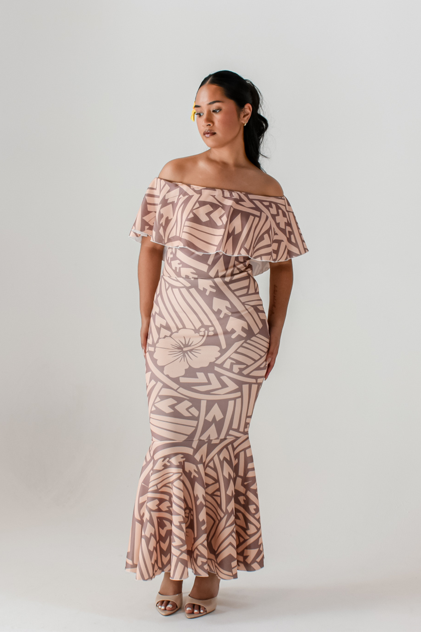 LALOLANI DRESS - OFF SHOULDER FRILL MAXI - TAN BROWN