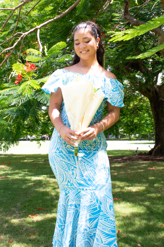 LEIA DRESS - OFF SHOULDER FRILL MAXI DRESS - LIGHT BLUE