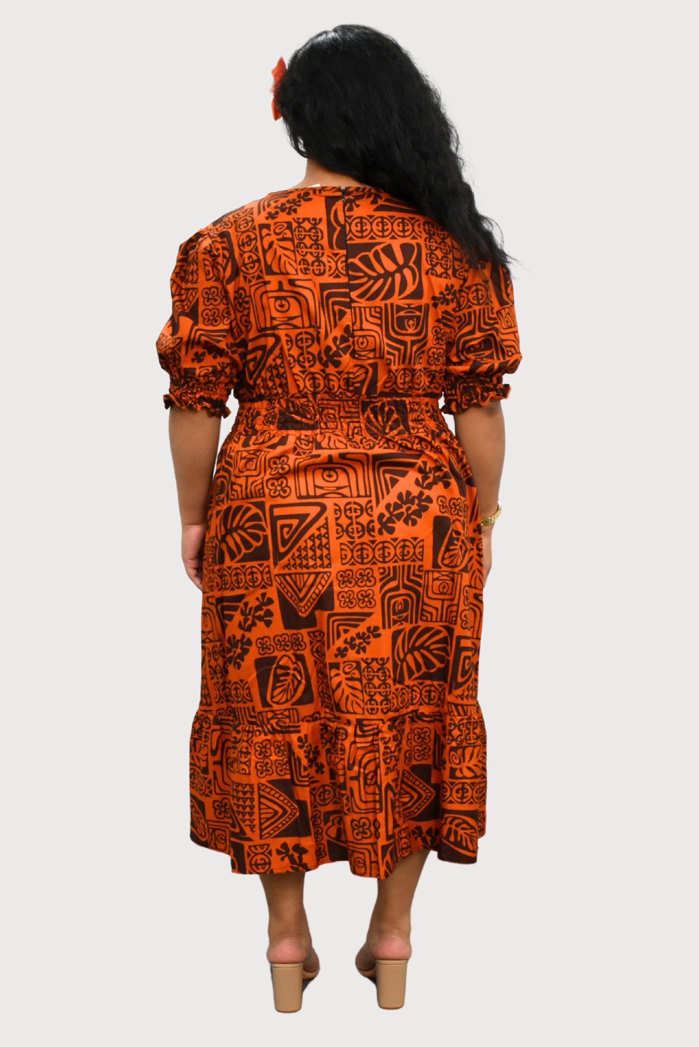 ANNA DRESS - ELASTIC WAIST A-LINE DRESS - ORANGE & BROWN