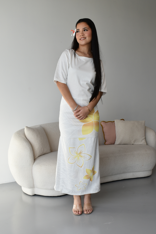 (PRE-ORDER) GOLD TIARE - ROUND NECK PULETASI - TWO PIECE - GOLD & WHITE