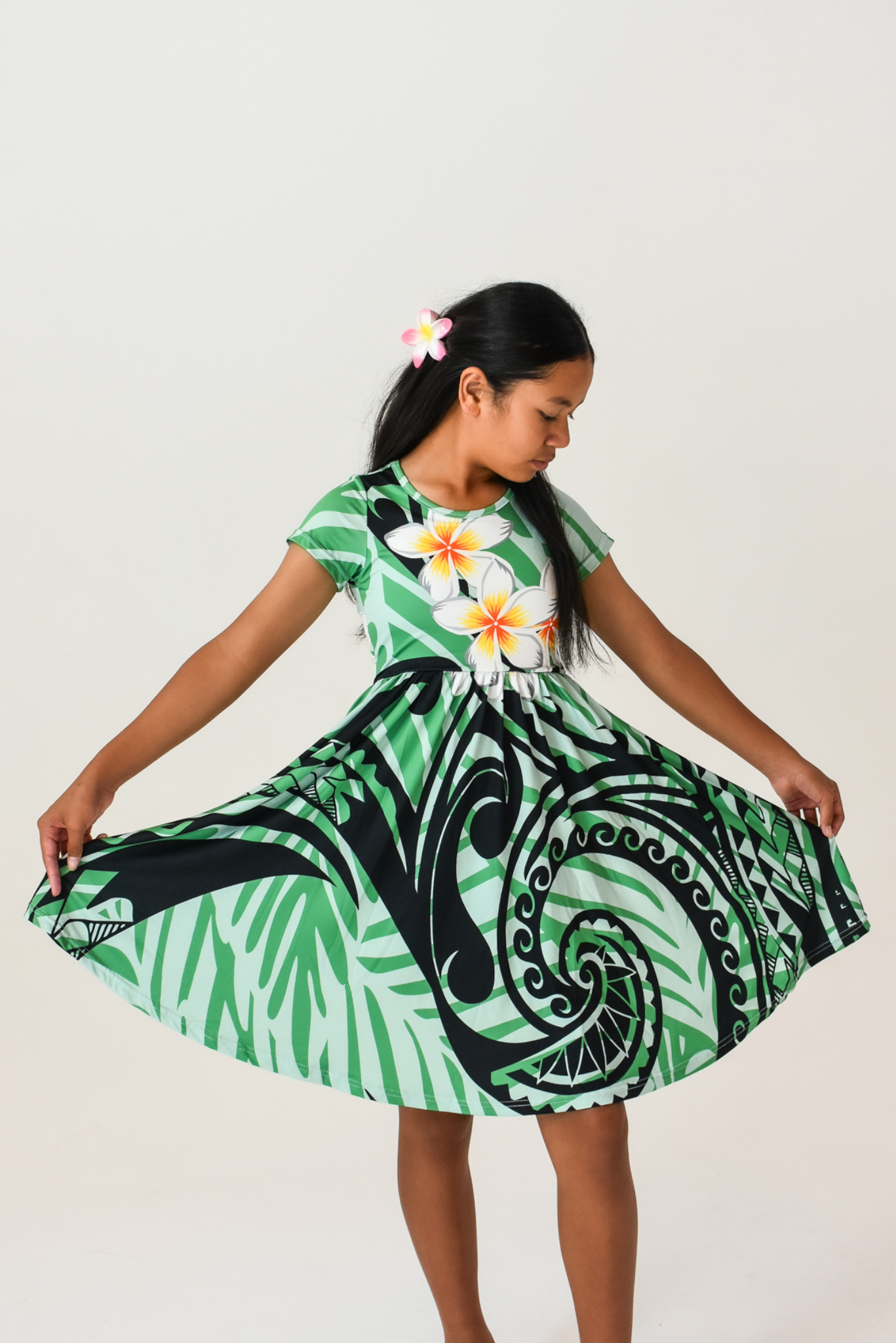 DAVINA GIRLS DRESS - A-LINE MIDI FLOWY DRESS - GREEN & BLACK