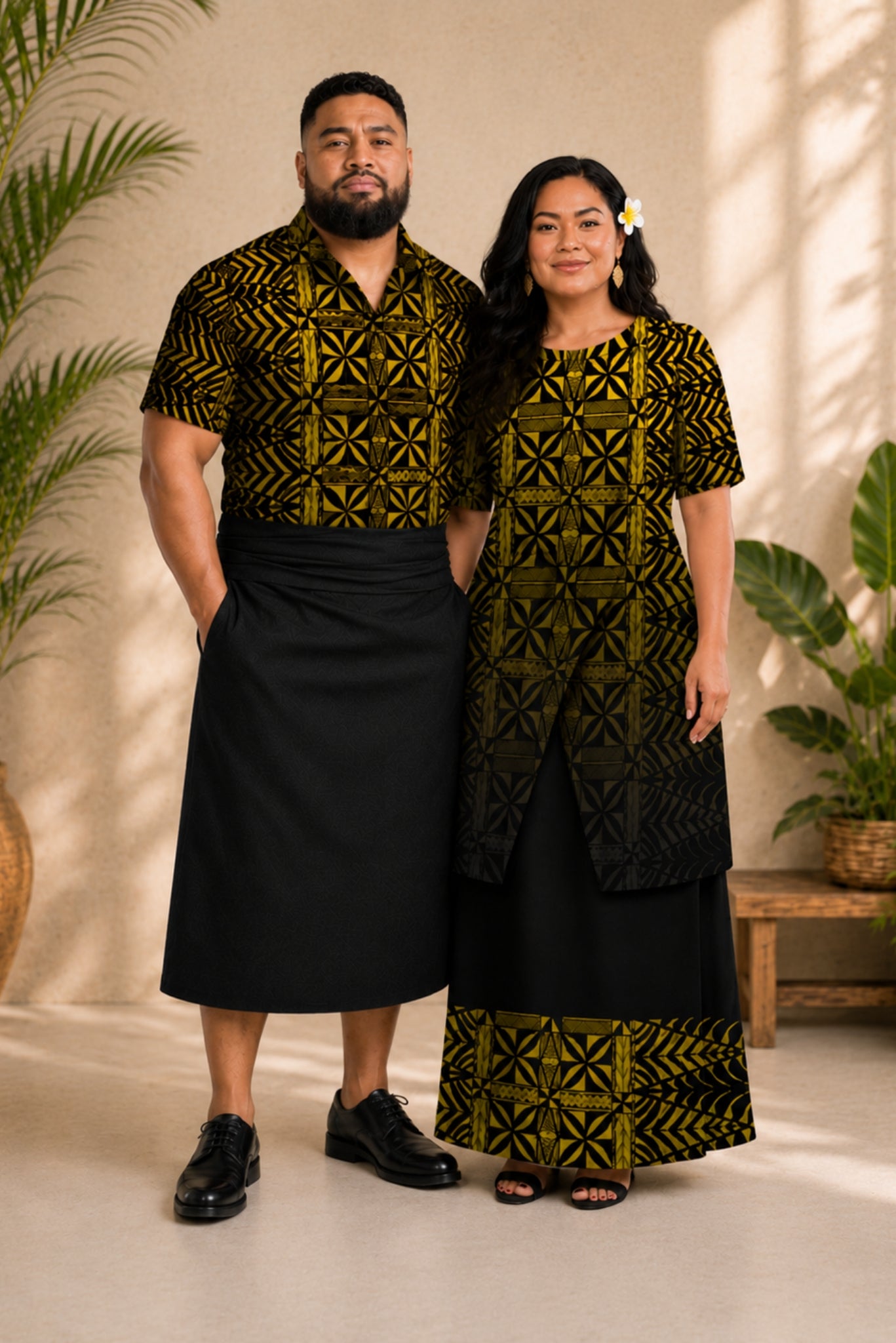 (PRE-ORDER) ROUND NECK LAYERED PULETASI - TWO PIECE OUTFIT - YELLOW & BLACK