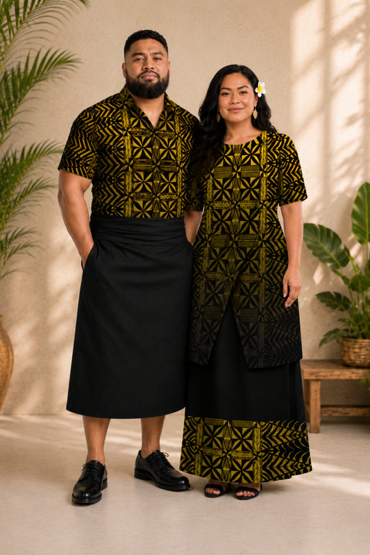 (PRE-ORDER) ROUND NECK LAYERED PULETASI - TWO PIECE OUTFIT - YELLOW & BLACK