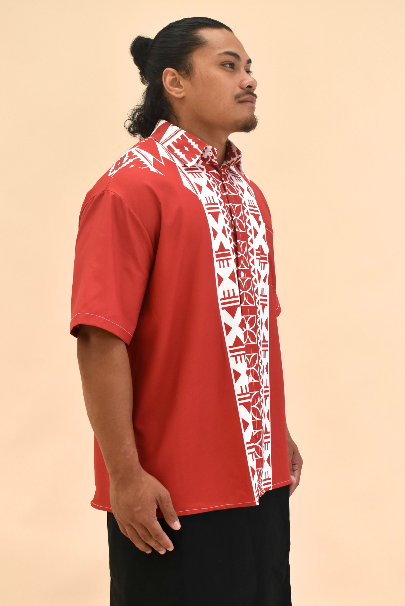 (PRE-ORDER) COLLARED BUTTON UP SHIRT - MAROON & WHITE MELANESIAN PATTERN