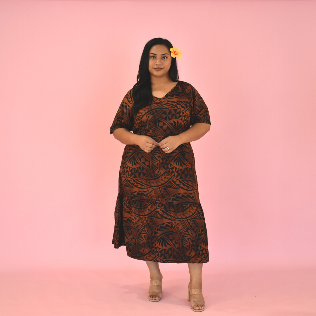 ANNA DRESS - V NECK MIDI LENGTH DRESS - BROWN