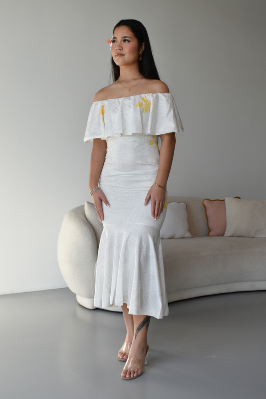 MINI TIARE - OFF SHOULDER FRILL DRESS - GOLD & WHITE