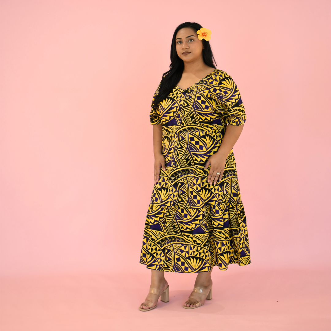 ANNA DRESS - V NECK MIDI LENGTH DRESS - YELLOW & PURPLE
