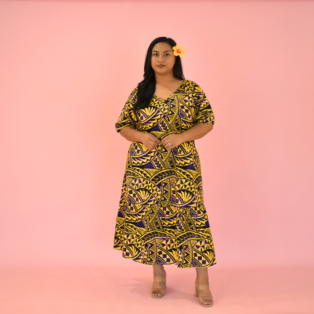 ANNA DRESS - V NECK MIDI LENGTH DRESS - YELLOW & PURPLE