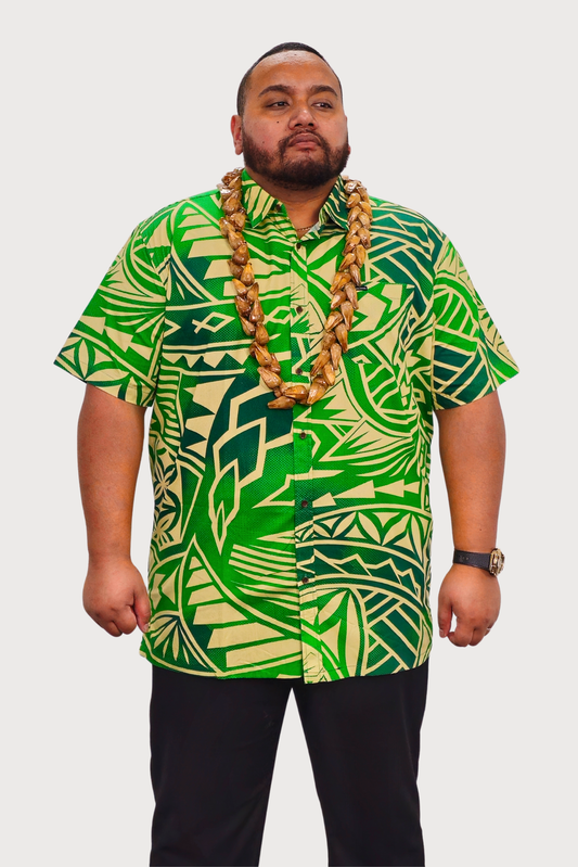 MAUI SHIRT - COLLARED BUTTON UP - GREEN & TAN