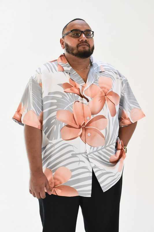 MALOSI SHIRT - COLLARED BUTTON UP SHIRT - WHITE & BROWN FLORAL PATTERN