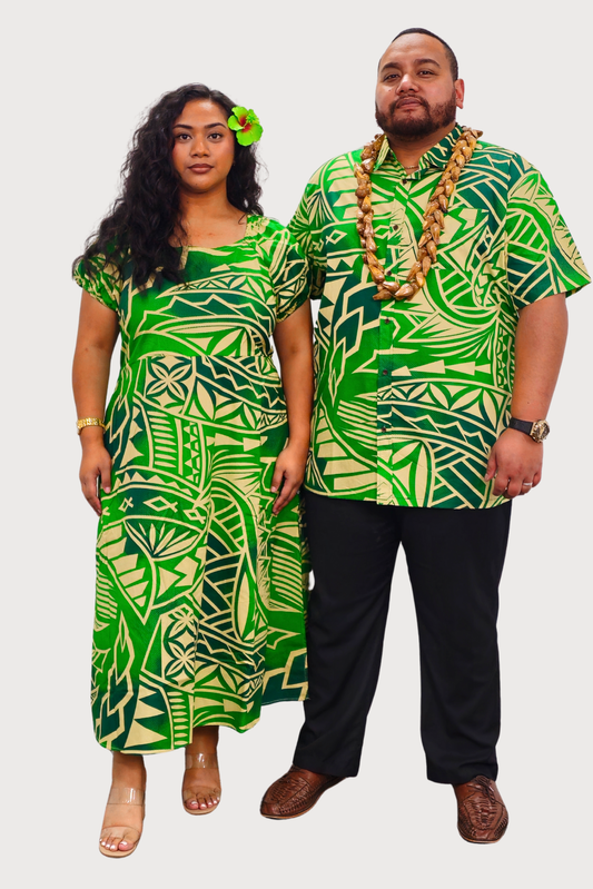 MAUI SHIRT - COLLARED BUTTON UP - GREEN & TAN
