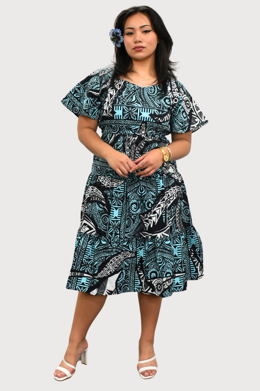 SARAH DRESS - HIGH WAIST MIDI DRESS - BLUE, WHITE & BLACK